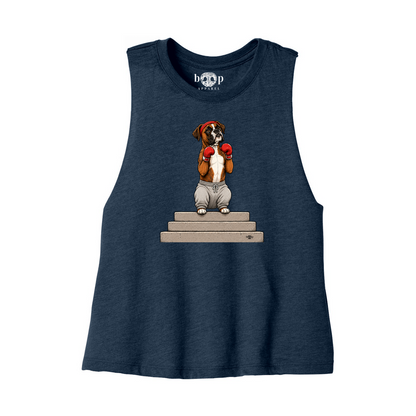 Boxer Bella+Canvas 6682 crop tank in Heather Navy, front flatlay