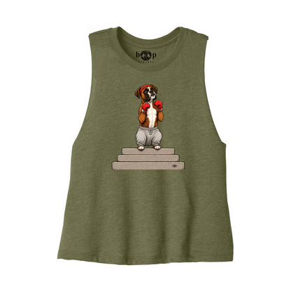 Boxer Bella+Canvas 6682 crop tank in Heather Olive, front flatlay