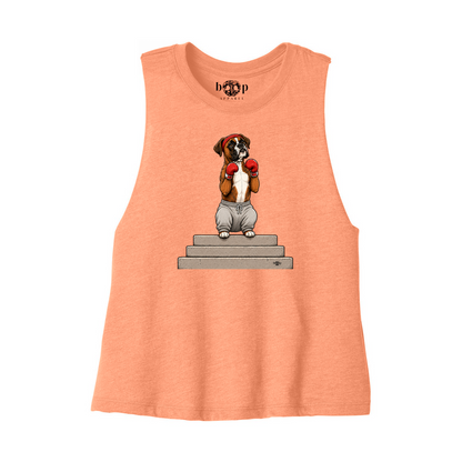Boxer Bella+Canvas 6682 crop tank in Heather Sunset, front flatlay