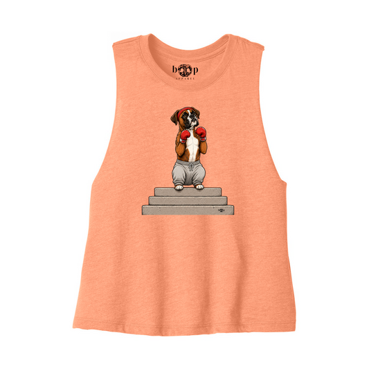Boxer Bella+Canvas 6682 crop tank in Heather Sunset, front flatlay