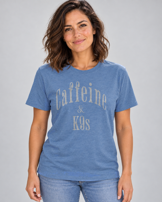 Amy wearing the Caffeine & K9s Everyday T in Heather Columbia Blue