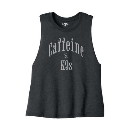 Caffeine & K9s Bella+Canvas 6682 crop tank in Dark Grey Heather, front flatlay with Boop inside-neck print