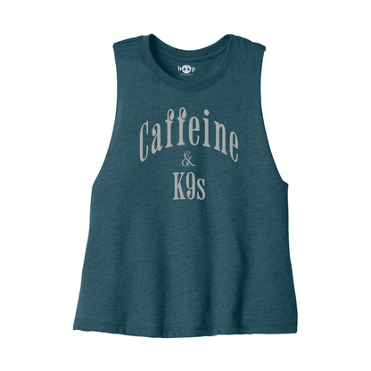 Caffeine & K9s Bella+Canvas 6682 crop tank in Heather Deep Teal, front flatlay with Boop inside-neck print