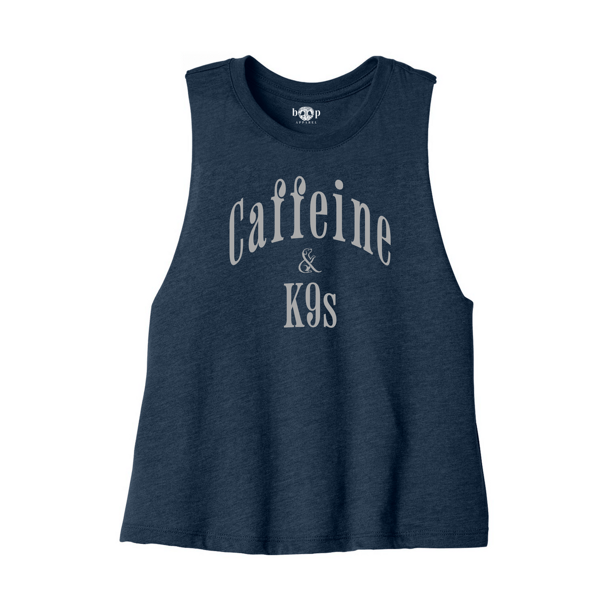 Caffeine & K9s Bella+Canvas 6682 crop tank in heather navy, front flatlay with Boop inside-neck print