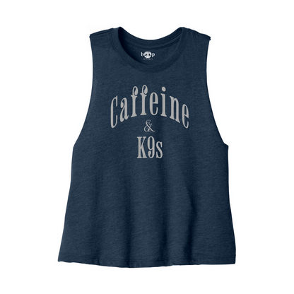 Caffeine & K9s Bella+Canvas 6682 crop tank in heather navy, front flatlay with Boop inside-neck print