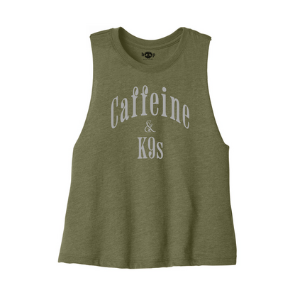 Caffeine & K9s Bella+Canvas 6682 crop tank in Heather Olive, front flatlay with Boop inside-neck print