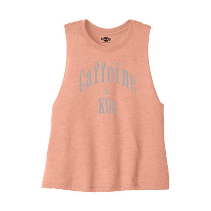 Caffeine & K9s Bella+Canvas 6682 crop tank in Heather Sunset, front flatlay with Boop inside-neck print