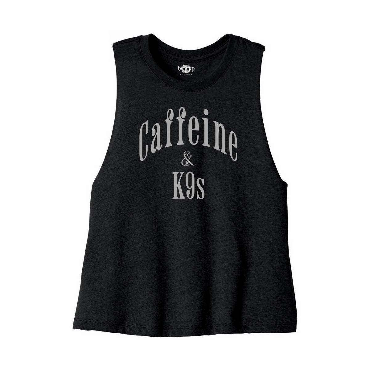 Caffeine & K9s Bella+Canvas 6682 crop tank in Solid Black Blend, front flatlay with Boop inside-neck print