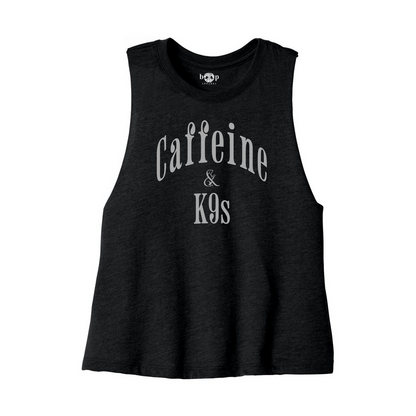 Caffeine & K9s Bella+Canvas 6682 crop tank in Solid Black Blend, front flatlay with Boop inside-neck print