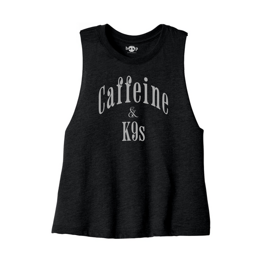 Caffeine & K9s Bella+Canvas 6682 crop tank in Solid Black Blend, front flatlay with Boop inside-neck print