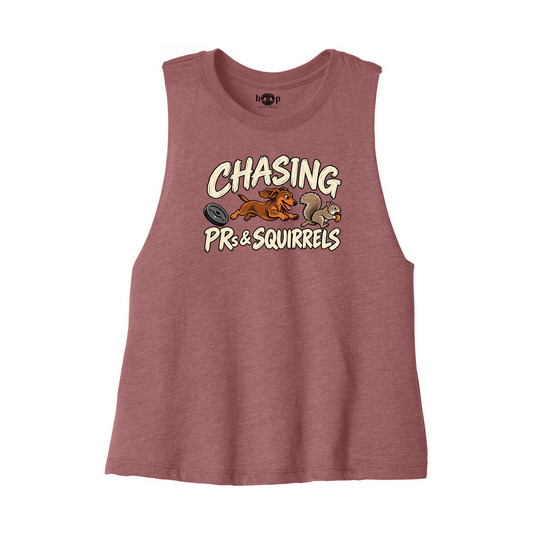 Chasing PRs and Squirrels Bella+Canvas 6682 crop tank in Heather Mauve, front flatlay with original Boop inside-neck print