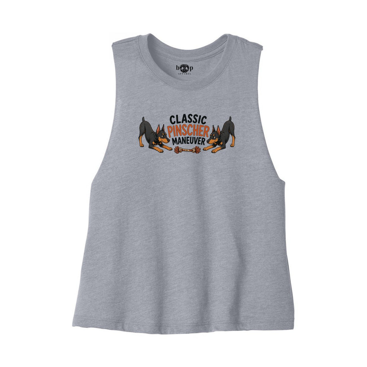 Classic Pinscher Maneuver Bella+Canvas 6682 crop tank in Athletic Heather, front flatlay with original Boop inside-neck print