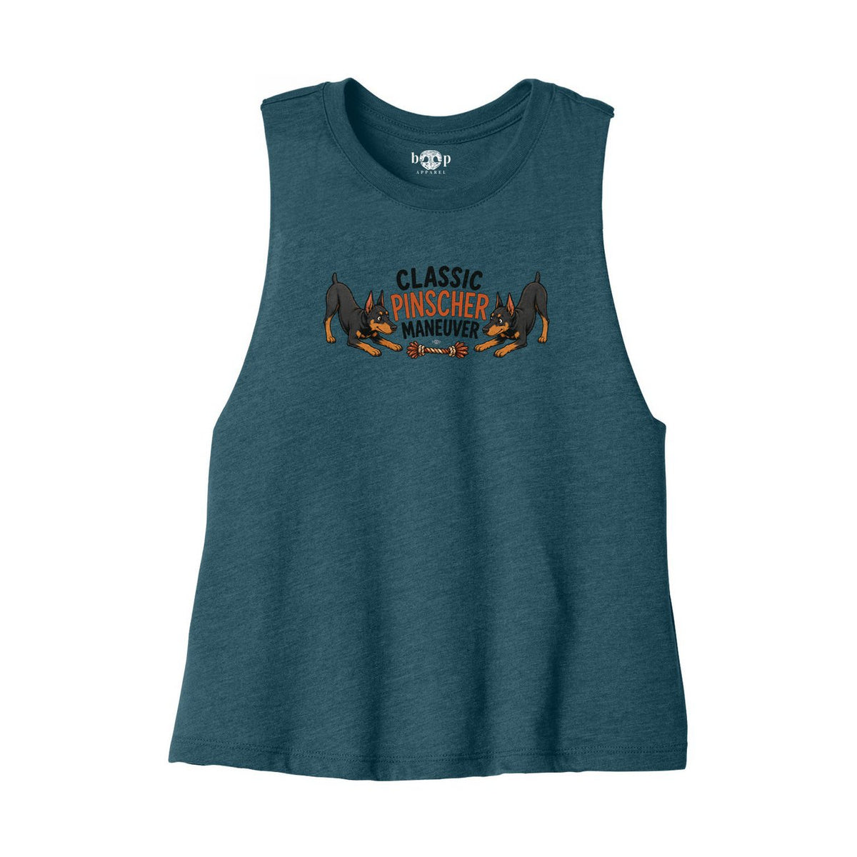 Classic Pinscher Maneuver Bella+Canvas 6682 crop tank in Heather Deep Teal, front flatlay with original Boop inside-neck print