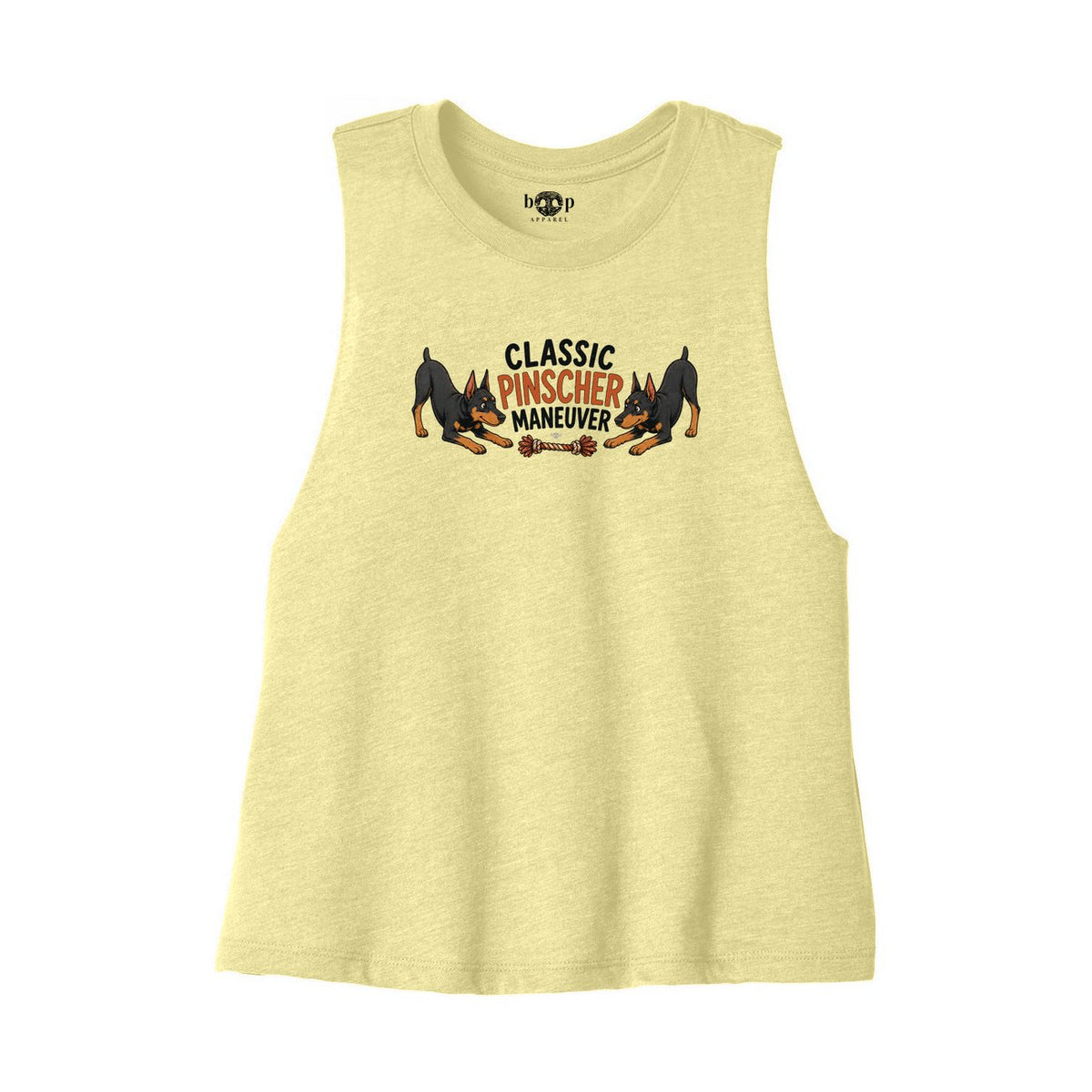 Classic Pinscher Maneuver Bella+Canvas 6682 crop tank in Heather French Vanilla, front flatlay with original Boop inside-neck print