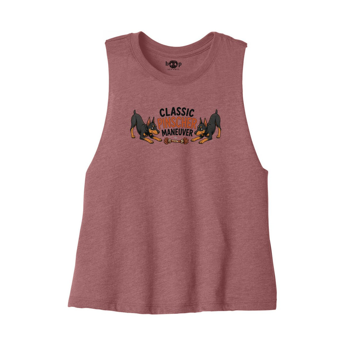 Classic Pinscher Maneuver Bella+Canvas 6682 crop tank in Heather Mauve, front flatlay with original Boop inside-neck print