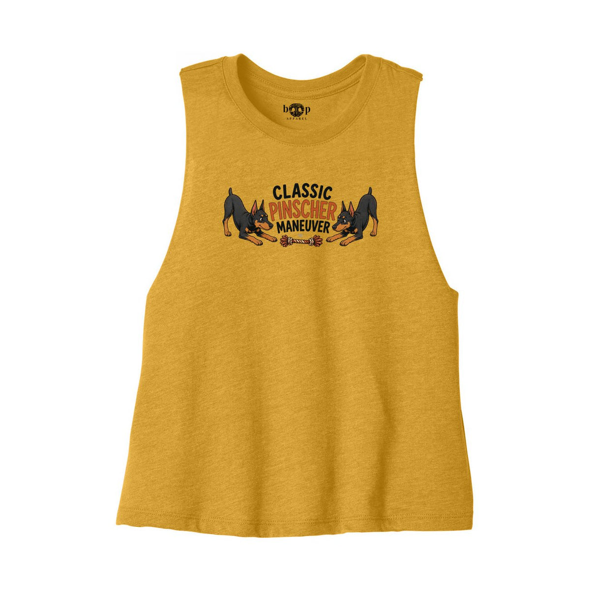 Classic Pinscher Maneuver Bella+Canvas 6682 crop tank in Heather Mustard, front flatlay with original Boop inside-neck print