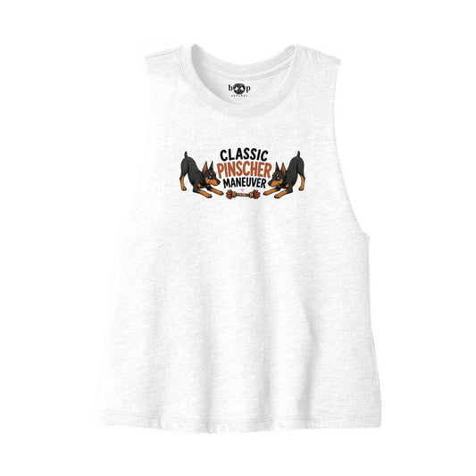 Classic Pinscher Maneuver Bella+Canvas 6682 crop tank in Solid White Blend, front flatlay with original Boop inside-neck print