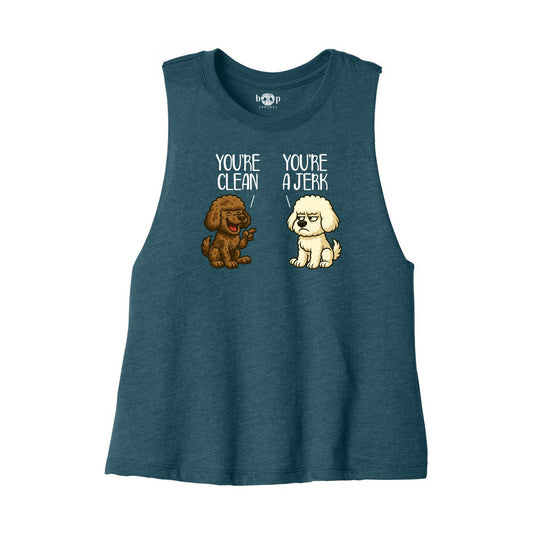 Clean and Jerk Bella+Canvas 6682 crop tank in Heather Deep Teal, front flatlay with original Boop inside-neck print