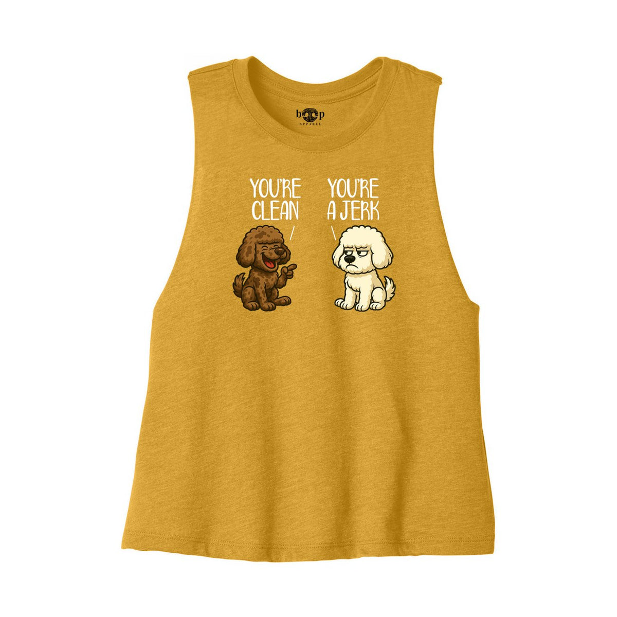 Clean and Jerk Bella+Canvas 6682 crop tank in Heather Mustard, front flatlay with original Boop inside-neck print
