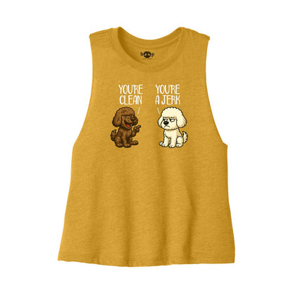 Clean and Jerk Bella+Canvas 6682 crop tank in Heather Mustard, front flatlay with original Boop inside-neck print