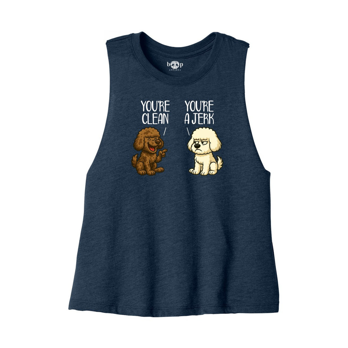 Clean and Jerk Bella+Canvas 6682 crop tank in heather navy, front flatlay with original Boop inside-neck print