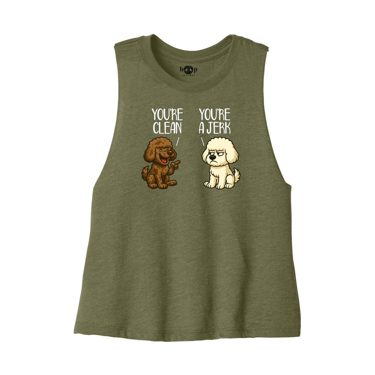 Clean and Jerk Bella+Canvas 6682 crop tank in Heather Olive, front flatlay with original Boop inside-neck print