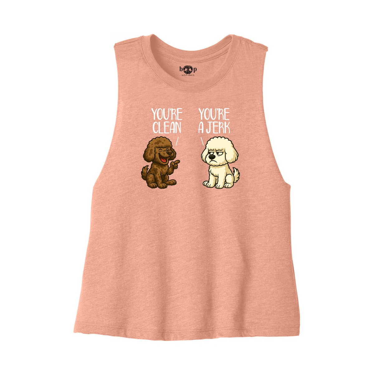 Clean and Jerk Bella+Canvas 6682 crop tank in Heather Sunset, front flatlay with original Boop inside-neck print