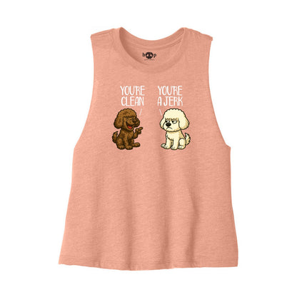 Clean and Jerk Bella+Canvas 6682 crop tank in Heather Sunset, front flatlay with original Boop inside-neck print