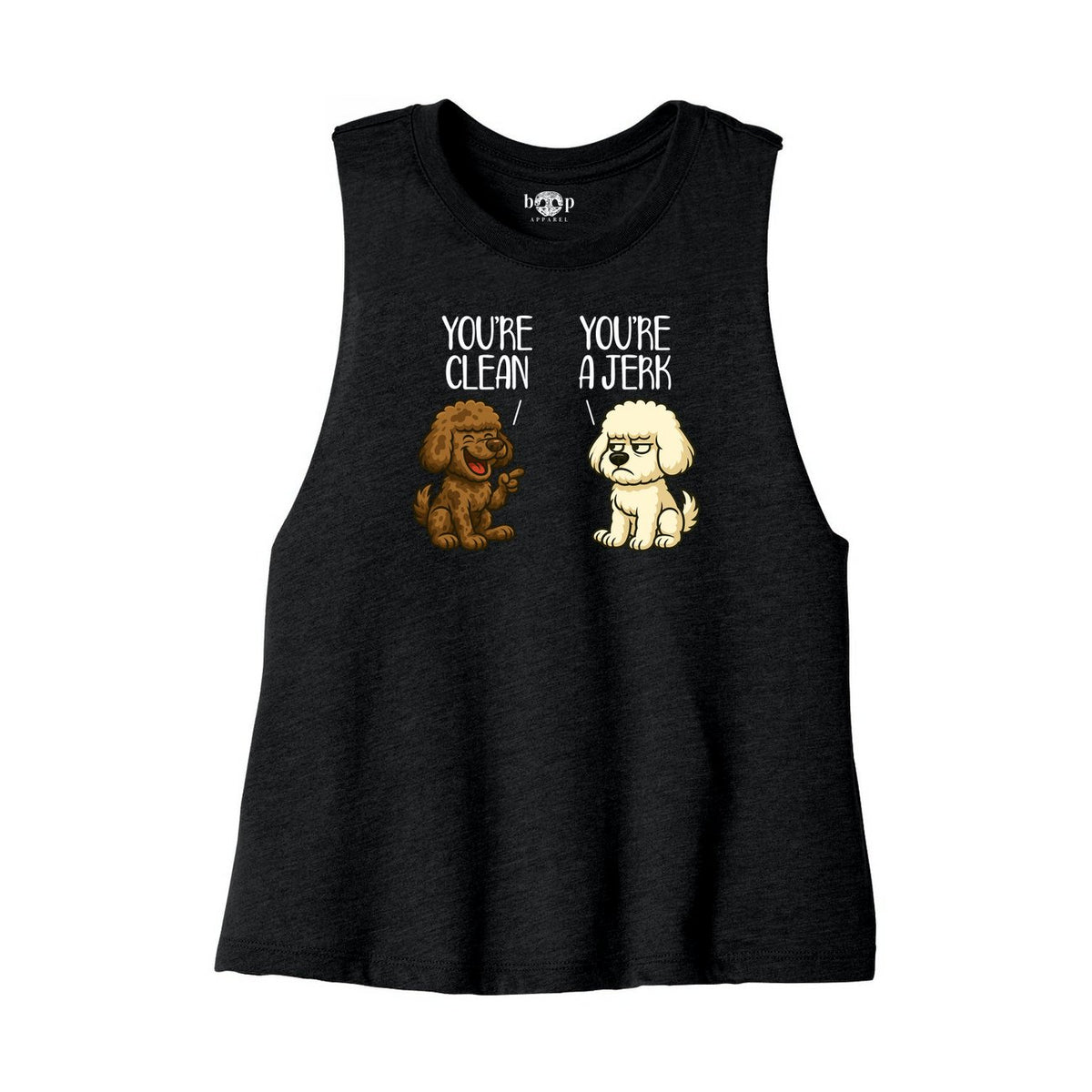 Clean and Jerk Bella+Canvas 6682 crop tank in Solid Black Blend, front flatlay with original Boop inside-neck print