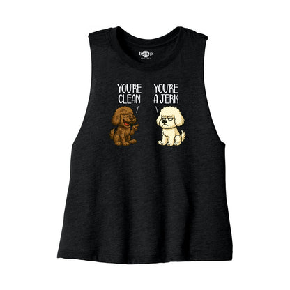Clean and Jerk Bella+Canvas 6682 crop tank in Solid Black Blend, front flatlay with original Boop inside-neck print