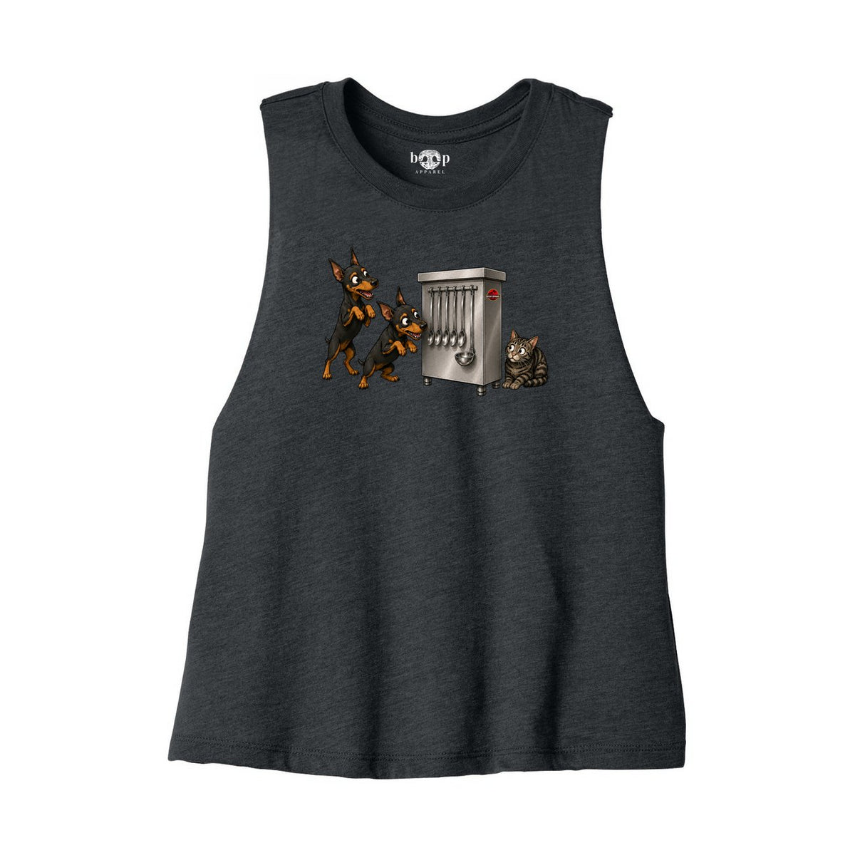 Clever Girls Bella+Canvas 6682 crop tank in Dark Grey Heather, front flatlay with original Boop inside-neck print