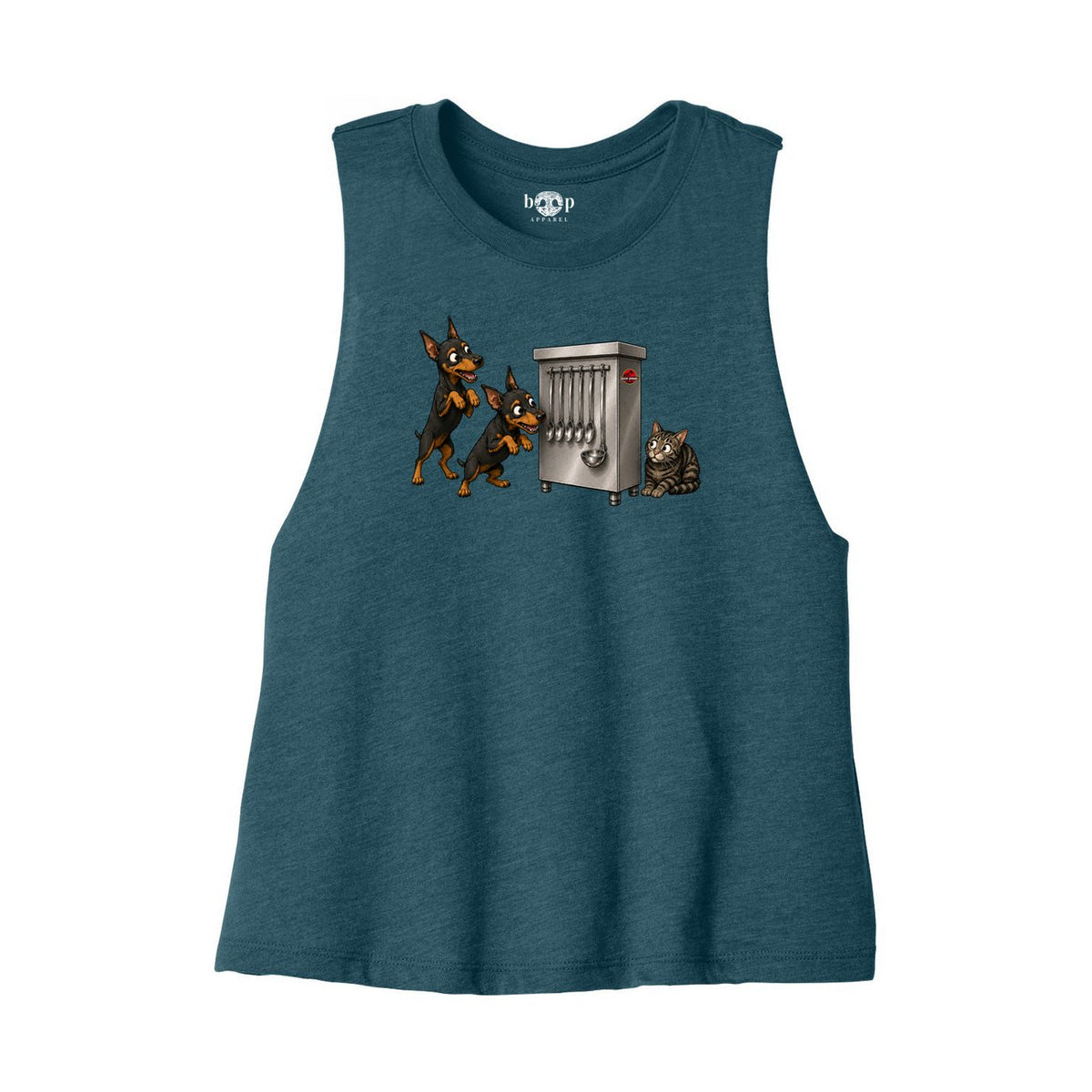 Clever Girls Bella+Canvas 6682 crop tank in Heather Deep Teal, front flatlay with original Boop inside-neck print