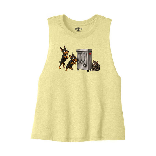 Clever Girls Bella+Canvas 6682 crop tank in Heather French Vanilla, front flatlay with original Boop inside-neck print