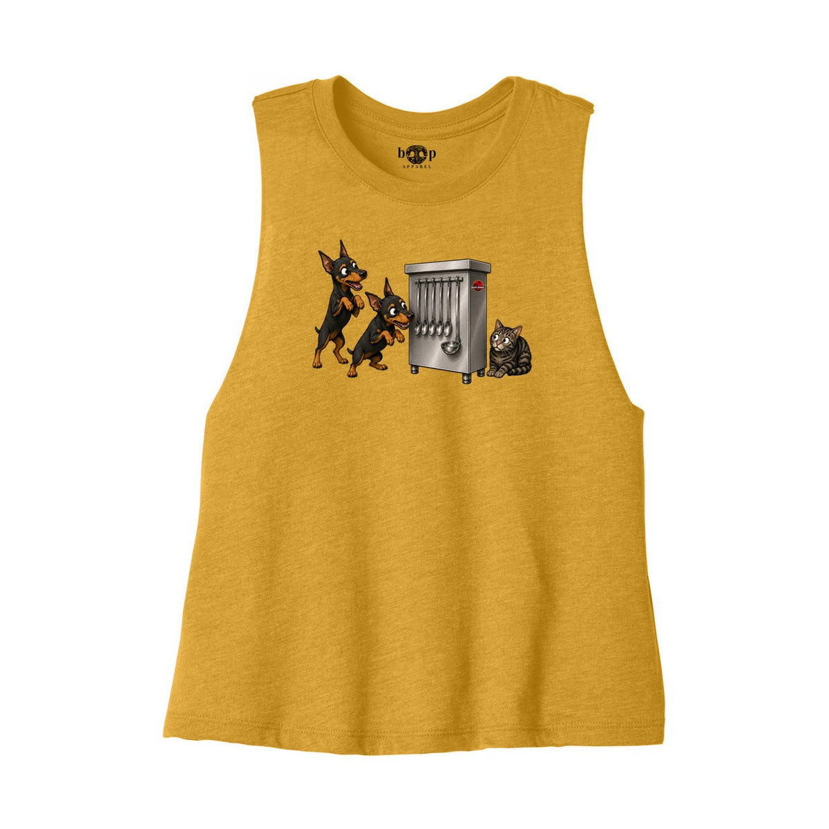 Clever Girls Bella+Canvas 6682 crop tank in Heather Mustard, front flatlay with original Boop inside-neck print