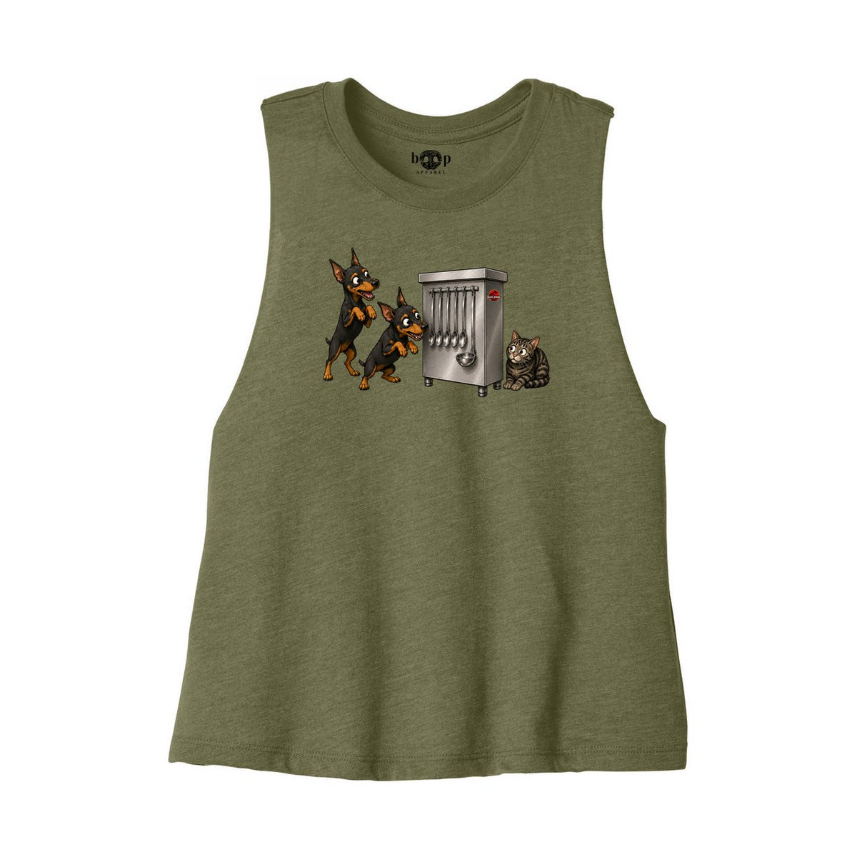 Clever Girls Bella+Canvas 6682 crop tank in Heather Olive, front flatlay with original Boop inside-neck print