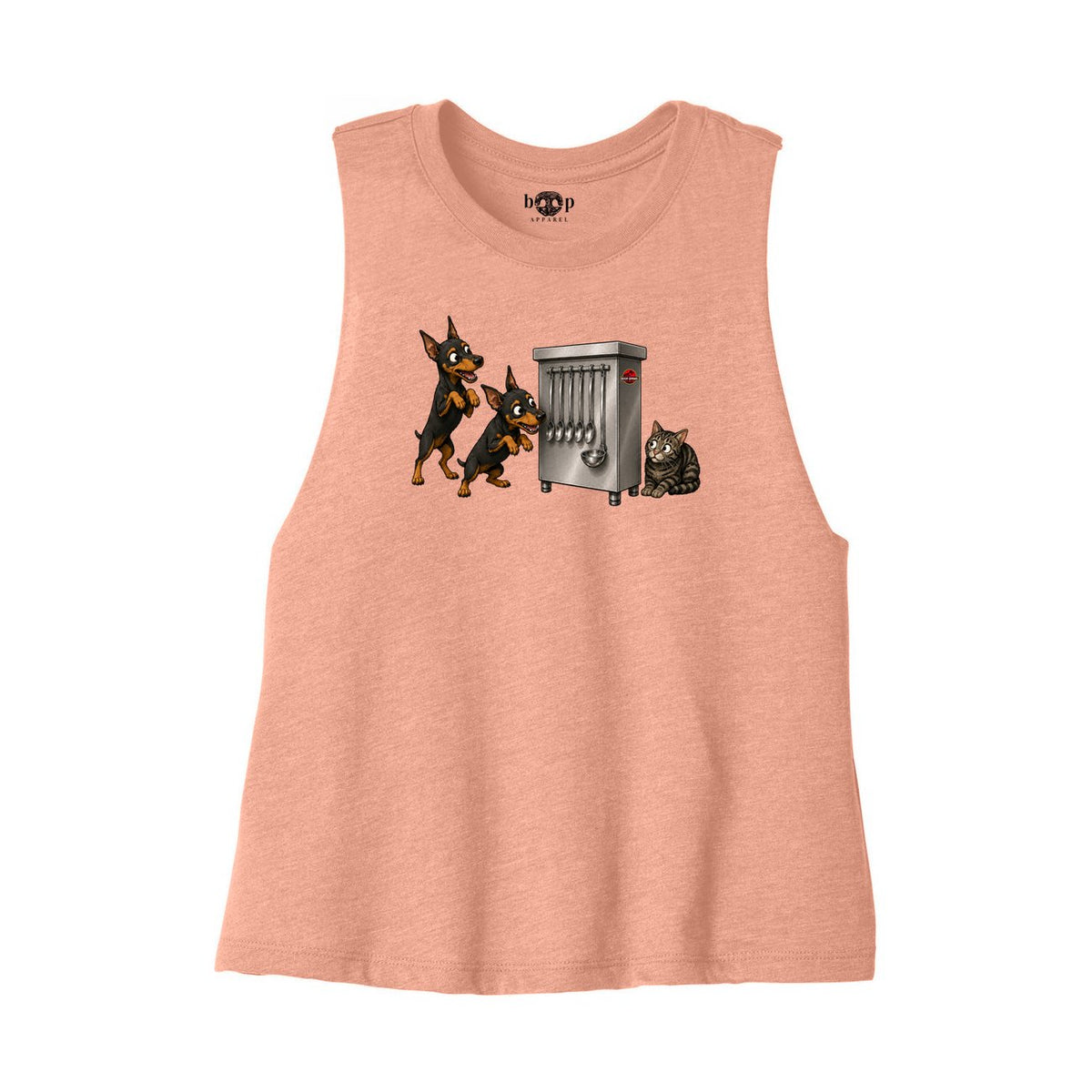 Clever Girls Bella+Canvas 6682 crop tank in Heather Sunset, front flatlay with original Boop inside-neck print