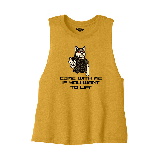 Come With Me Bella+Canvas 6682 crop tank in Heather Mustard, front flatlay with original Boop inside-neck print