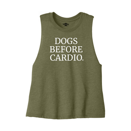 Dogs Before Cardio Bella+Canvas 6682 crop tank in Heather Olive, front flatlay