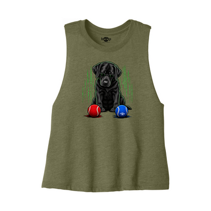 Down the Rabbit Hole Bella+Canvas 6682 crop tank in Heather Olive, front flatlay