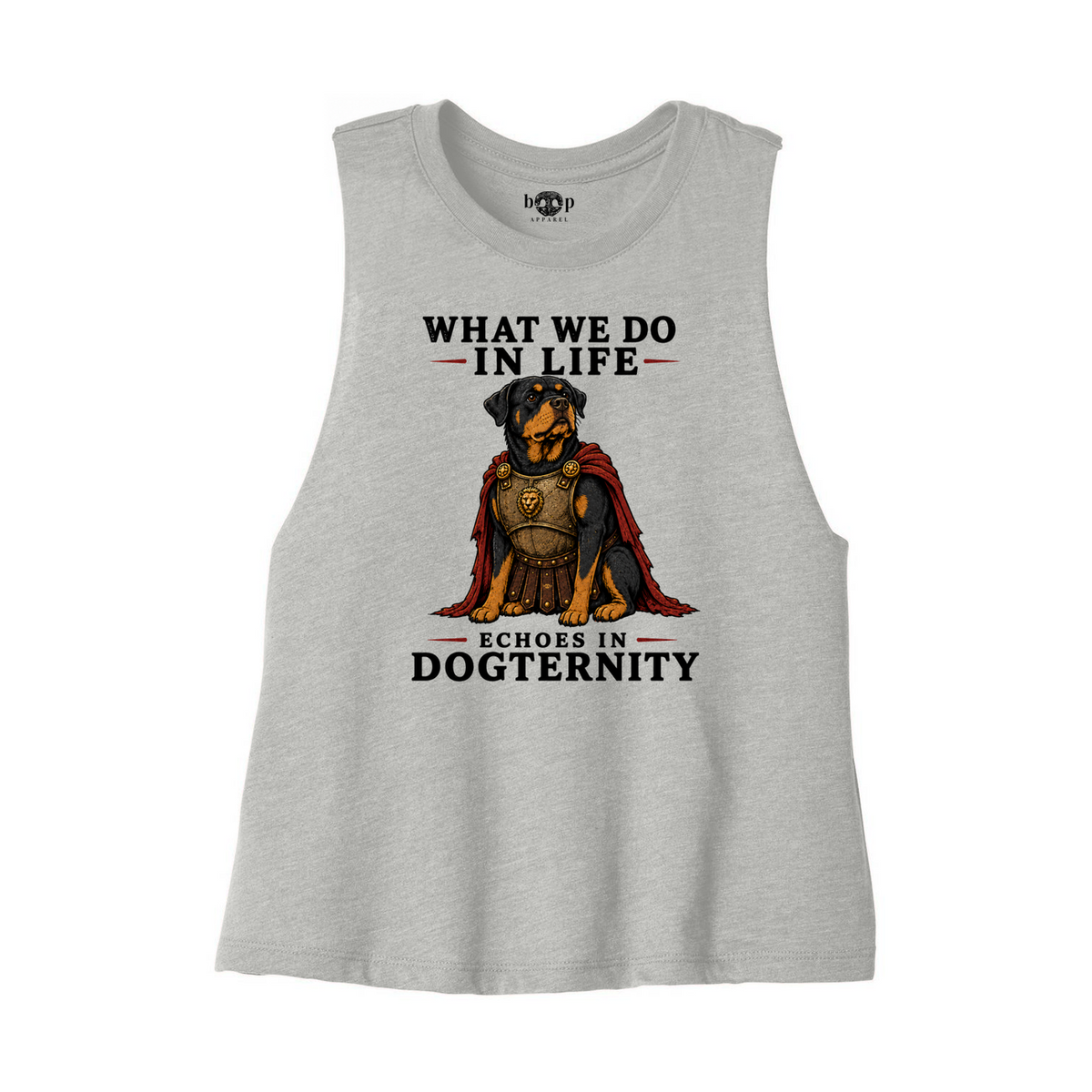 Echoes in Dogternity Bella+Canvas 6682 crop tank in Athletic Heather, front flatlay