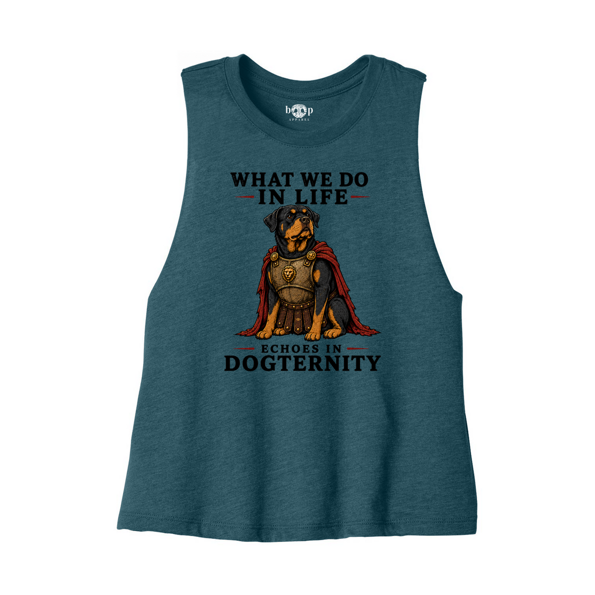Echoes in Dogternity Bella+Canvas 6682 crop tank in Heather Deep Teal, front flatlay