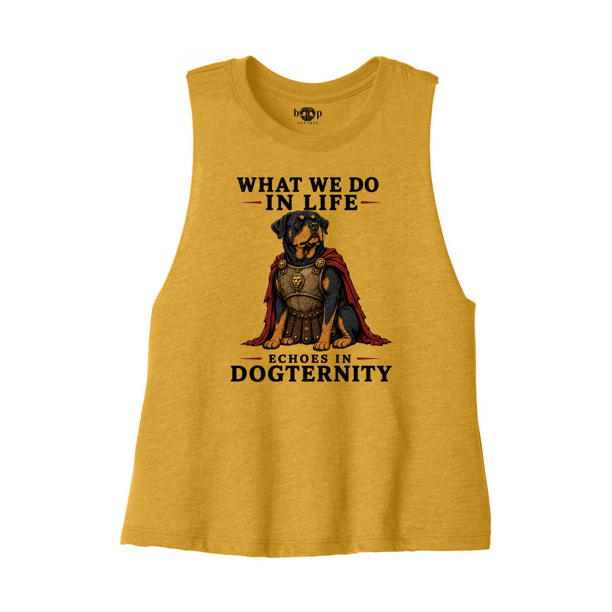 Echoes in Dogternity Bella+Canvas 6682 crop tank in Heather Mustard, front flatlay