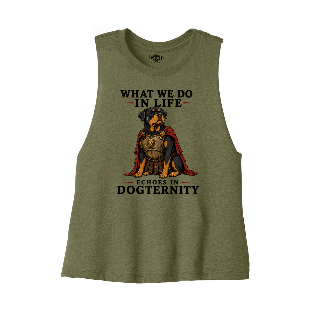 Echoes in Dogternity Bella+Canvas 6682 crop tank in Heather Olive, front flatlay