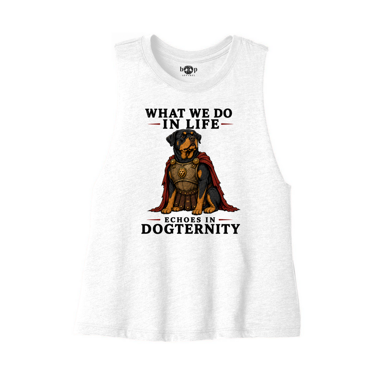 Echoes in Dogternity Bella+Canvas 6682 crop tank in Solid White Blend, front flatlay