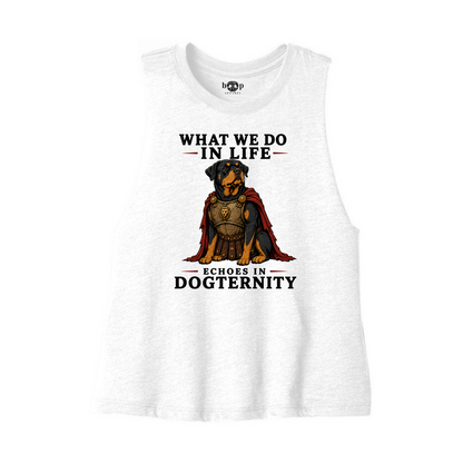 Echoes in Dogternity Bella+Canvas 6682 crop tank in Solid White Blend, front flatlay