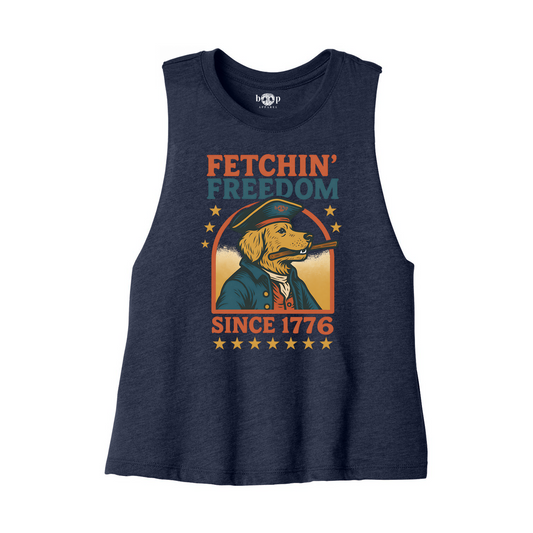 Boop Apparel Fetchin' Freedom crop tank in heather navy, front flatlay with original artwork and inside-neck Boop label.