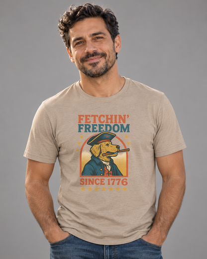 Dave wearing the Fetchin' Freedom Everyday T in Heather Tan, front studio view.