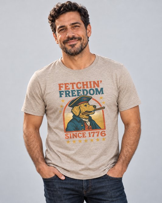 Dave wearing the Fetchin’ Freedom Everyday T in Heather Tan