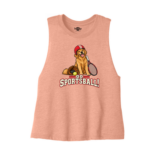 Boop Apparel Go Sportsball crop tank in Heather Sunset, front flatlay with original artwork and inside-neck Boop label.