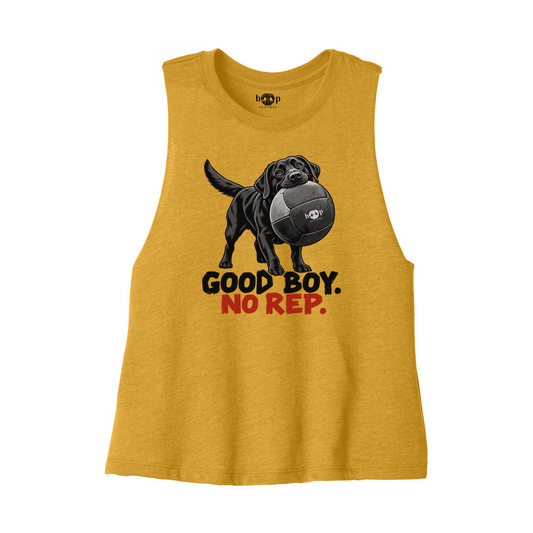 Boop Apparel Good Boy. No Rep. crop tank in Heather Mustard, front flatlay with original artwork and inside-neck Boop label.